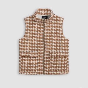 WOVEN HIGH NECK CHECK ZIP UP OVERSIZED VEST